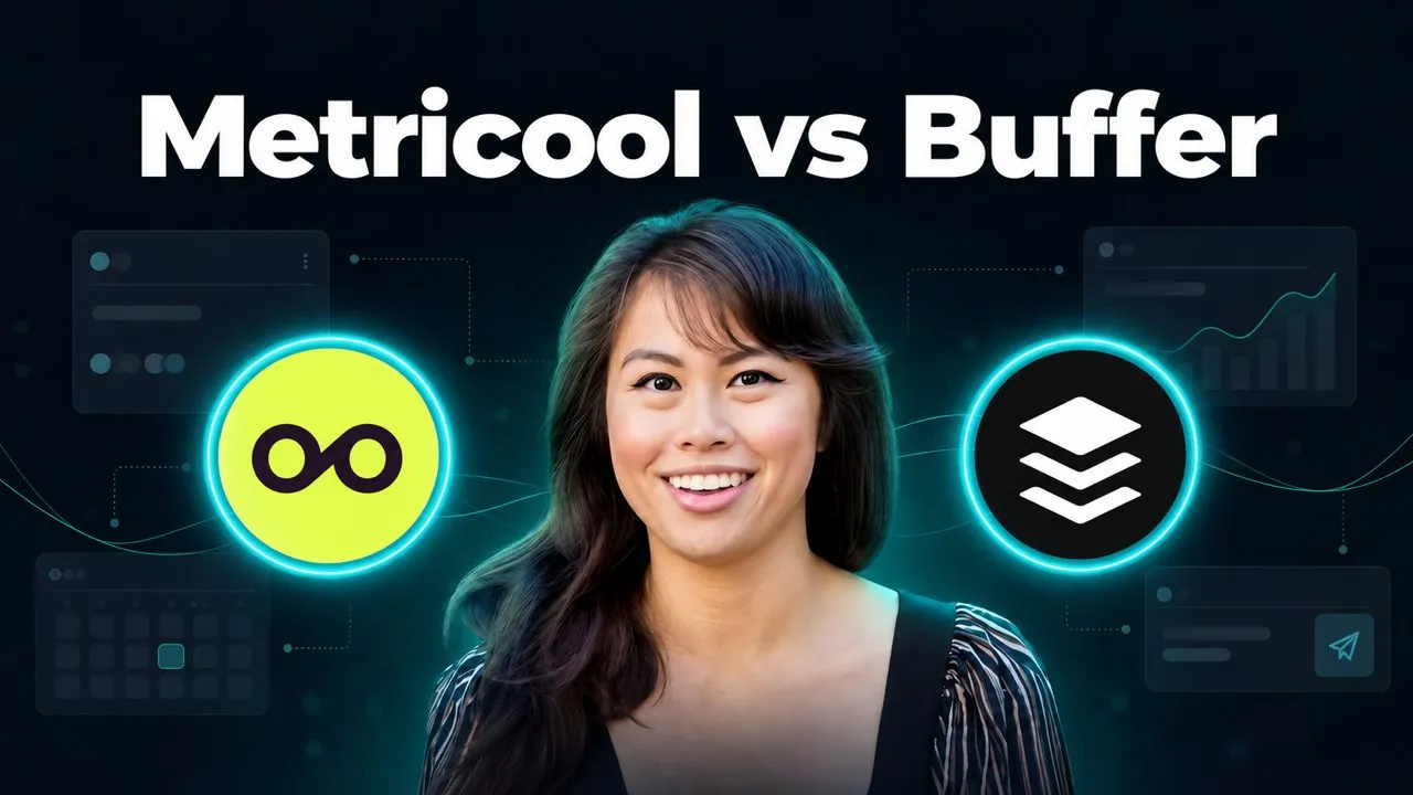 Metricool vs Buffer comparison for AI agents, with the Metricool and Buffer logos in glowing teal rings on either side of Sabrina Ramonov.