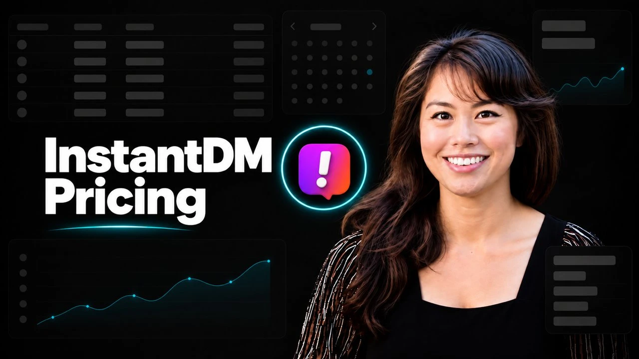 InstantDM Pricing featured image with the InstantDM speech-bubble logo in a glowing teal ring beside Sabrina Ramonov, over dim scheduling dashboard panels.