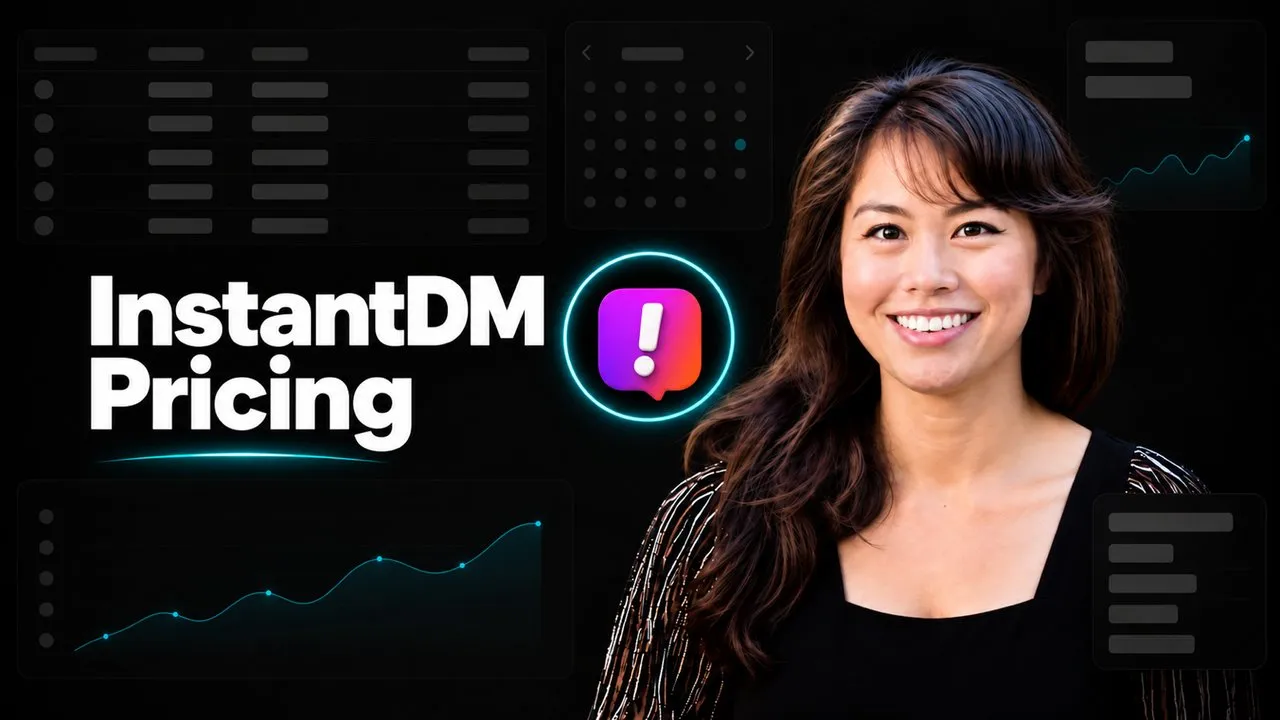 InstantDM Pricing featured image with the InstantDM speech-bubble logo in a glowing teal ring beside Sabrina Ramonov, over dim scheduling dashboard panels.