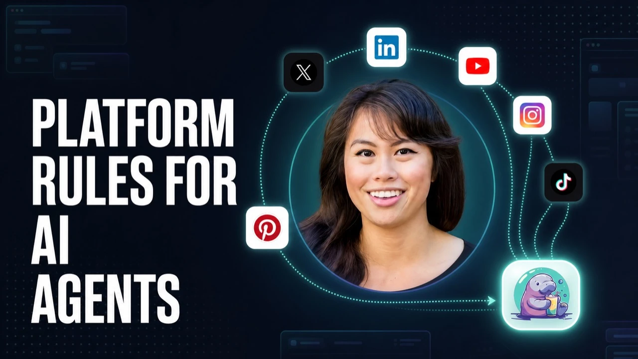 Platform rules for AI agents, showing the social networks an agent publishes to through a single social media API.