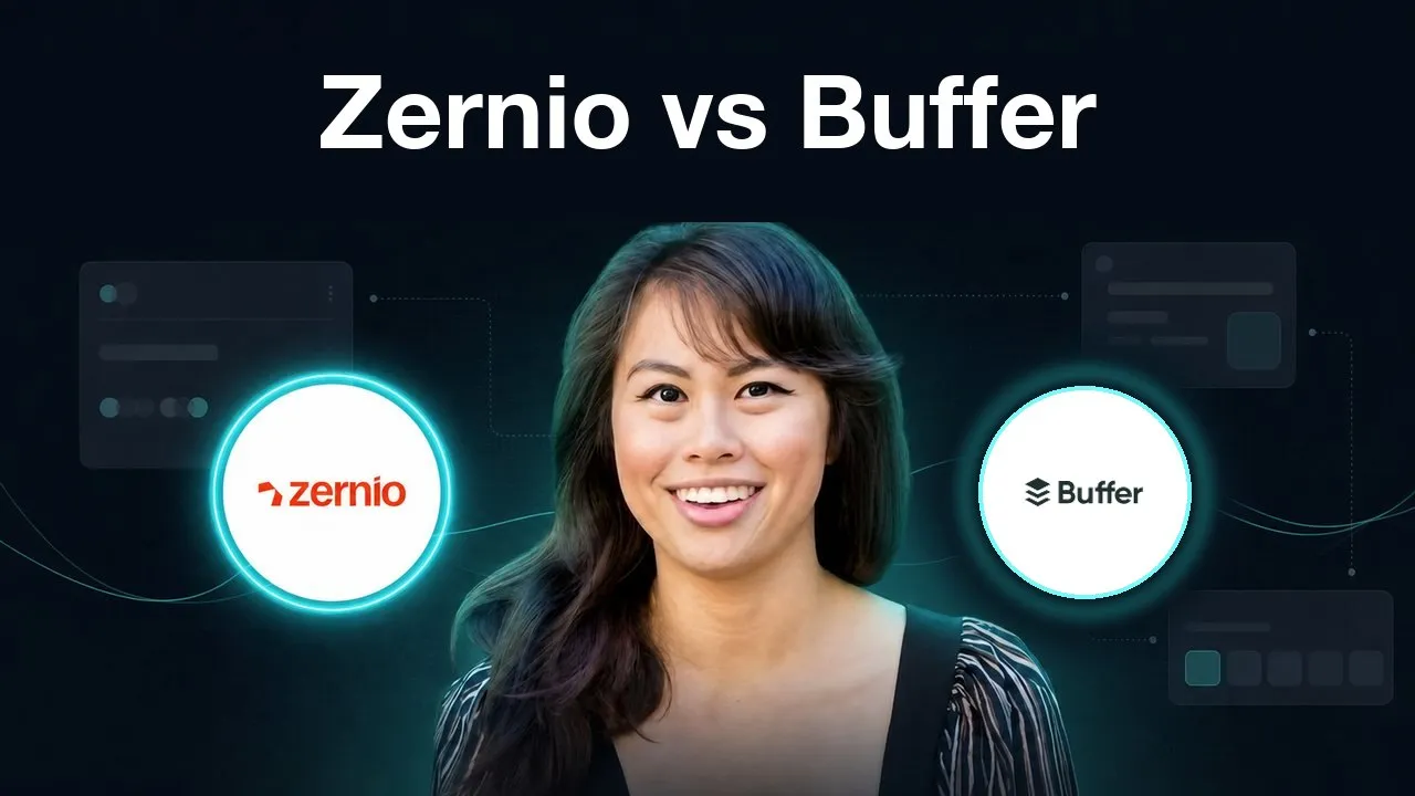Zernio vs Buffer comparison, with the Zernio and Buffer logos either side of Sabrina Ramonov, over dark social media dashboard elements.