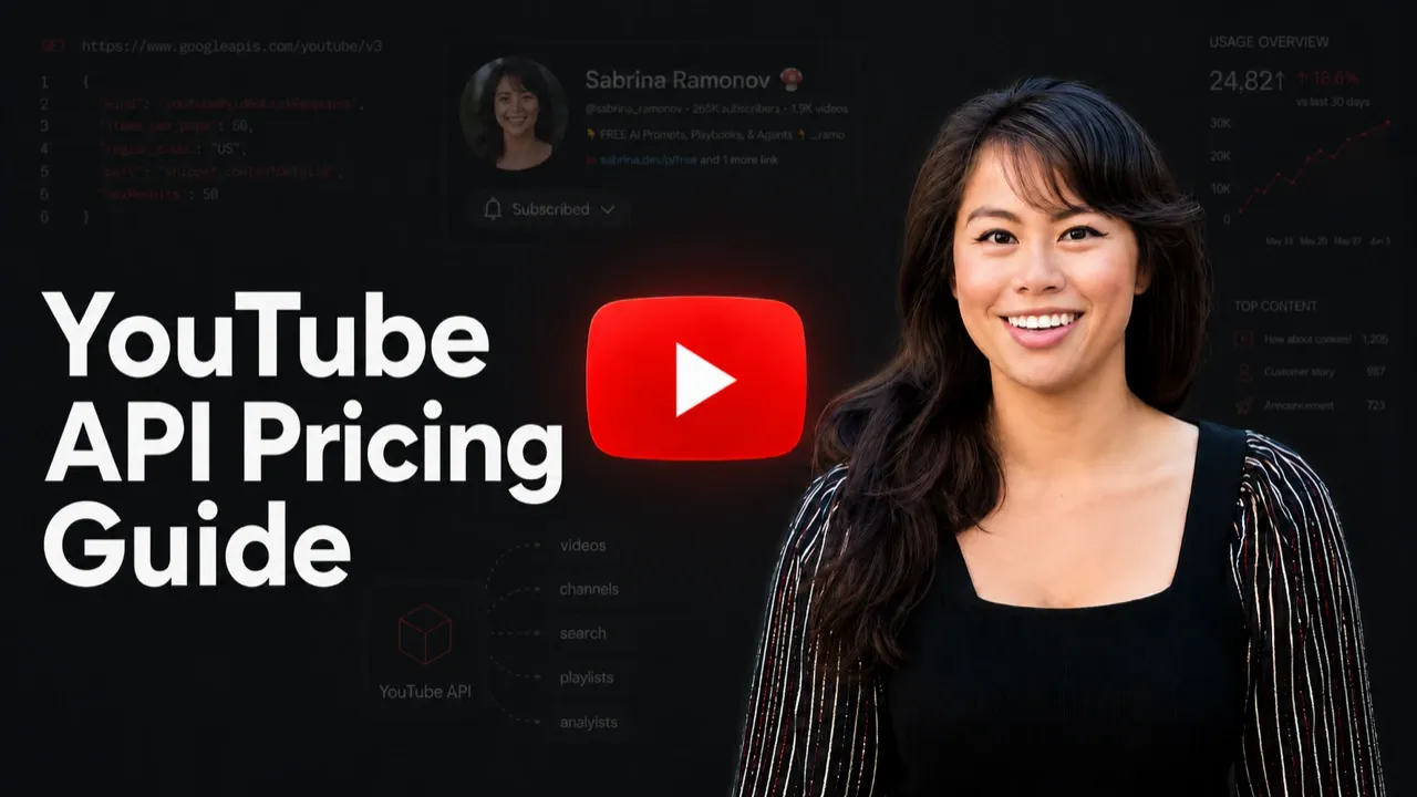 Sabrina Ramonov featured cover for the 2026 YouTube API Pricing guide.