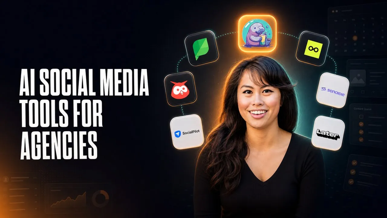 AI social media tools for agencies shown as Sabrina beside brand logos and a client dashboard in a dark workspace