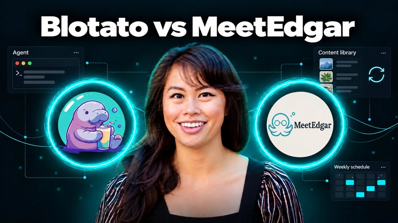 Blotato vs MeetEdgar compared on who chooses the next social media post: MeetEdgar's recycling content library or an AI agent working through Blotato.