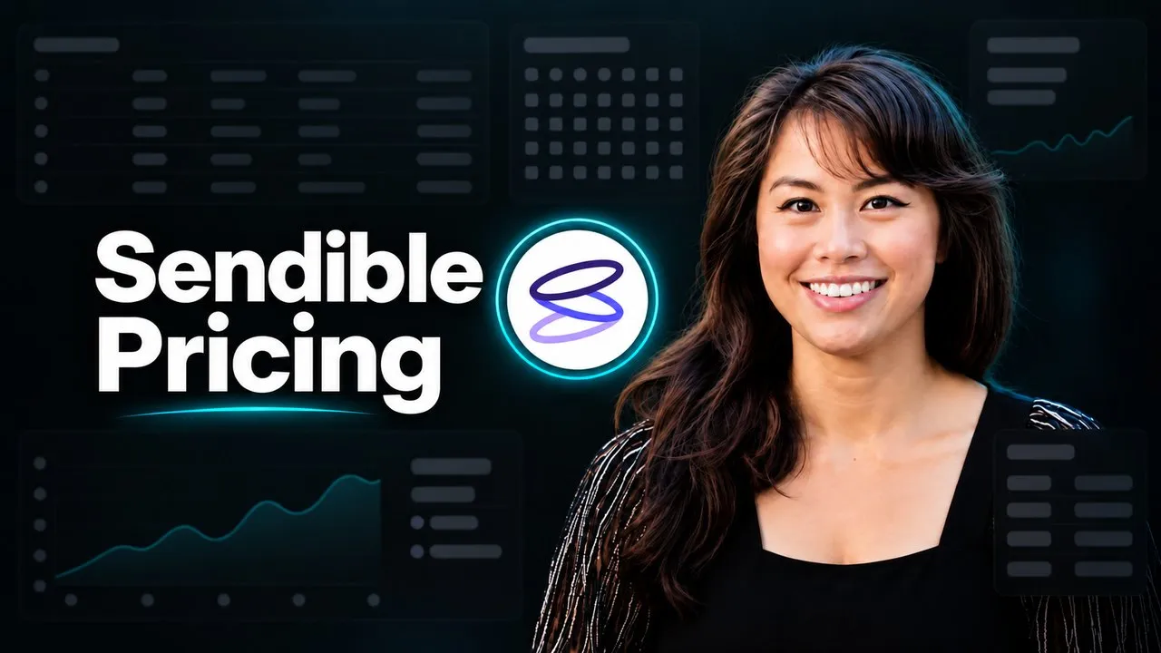 Sendible Pricing 2026 hero with the Sendible logo and Sabrina Ramonov on a dark background showing a content calendar and performance chart