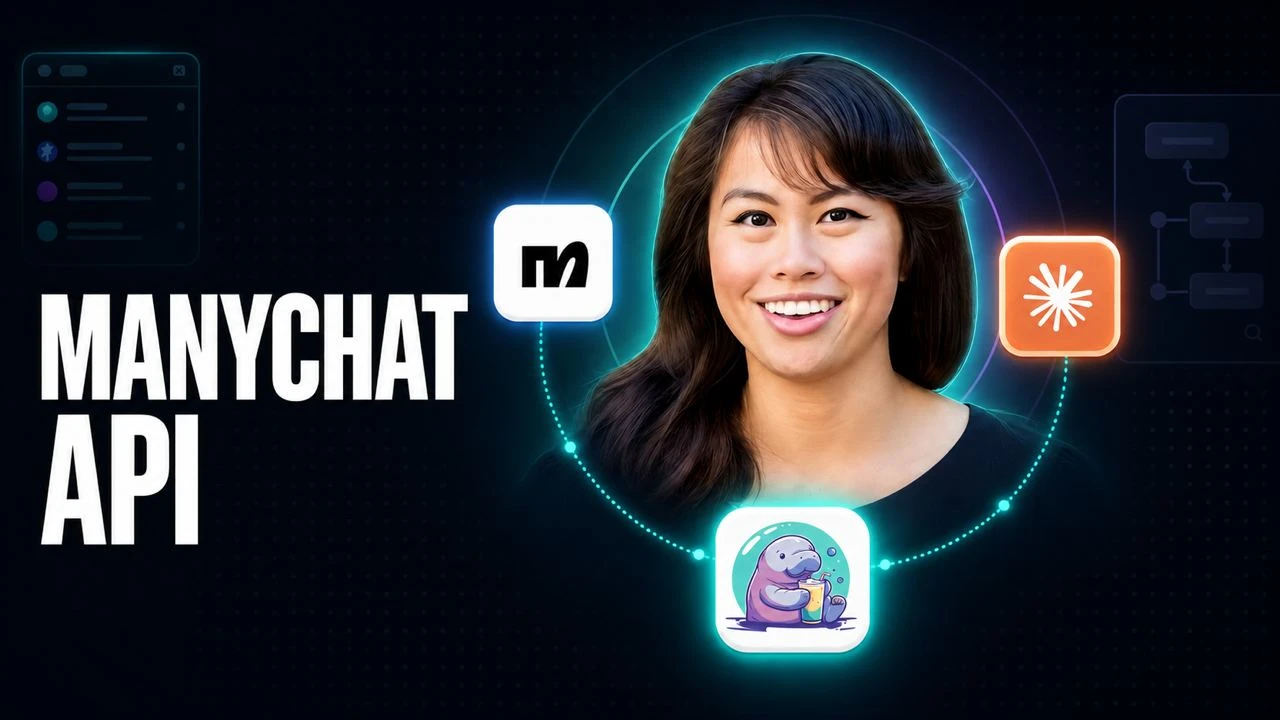 Manychat API guide for AI agents, with the Manychat and Claude marks connected to the Blotato manatee around Sabrina Ramonov