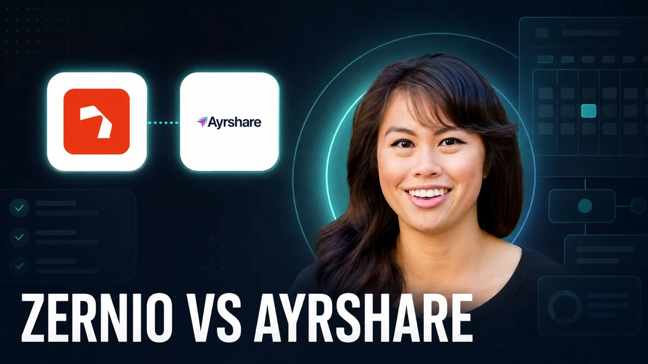 Zernio vs Ayrshare comparison, with the Zernio and Ayrshare logos either side of Sabrina Ramonov, over dark social media dashboard elements.