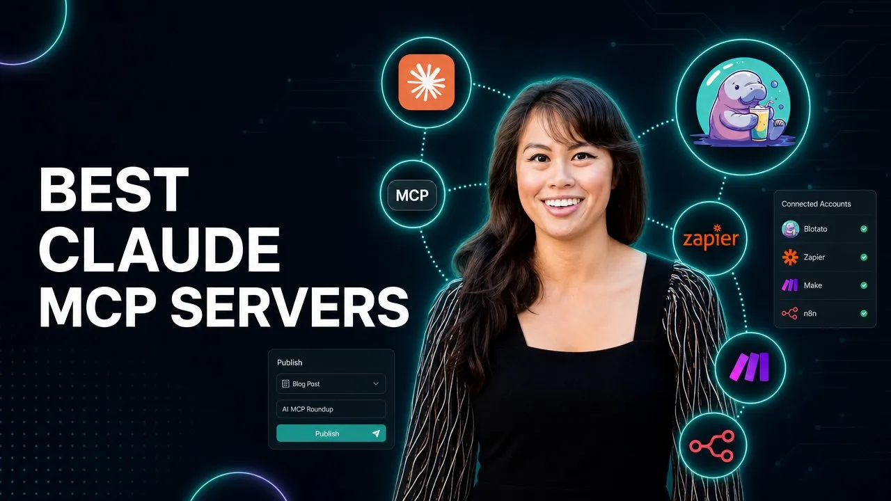 Claude MCP servers for social media, shown as a connect-to-publish pipeline ending in a publish step.