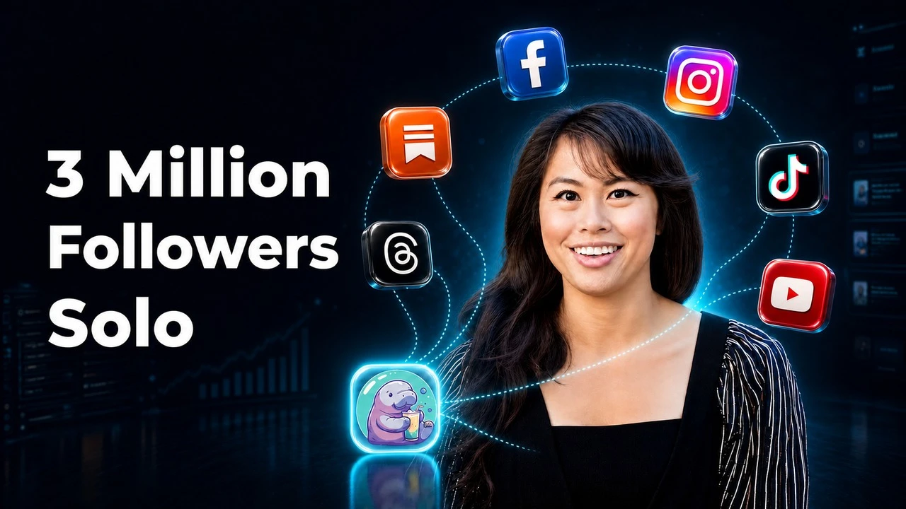 Sabrina Ramonov surrounded by Facebook, Instagram, TikTok, YouTube, Substack, and Threads app icons flowing into Blotato, celebrating 3 million followers