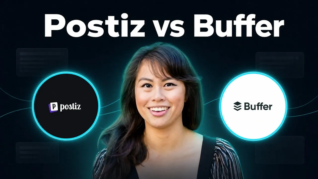 Postiz vs Buffer comparison, with the Postiz and Buffer logos either side of Sabrina Ramonov, over dark social media dashboard elements.