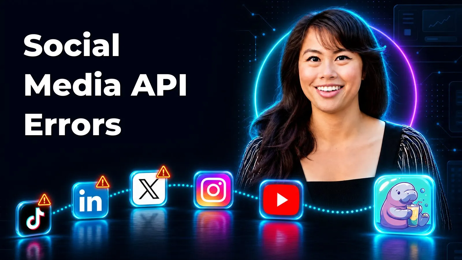 Social media API errors across TikTok, LinkedIn, X, Instagram and YouTube, with warnings on the steps that fail before the platform call.