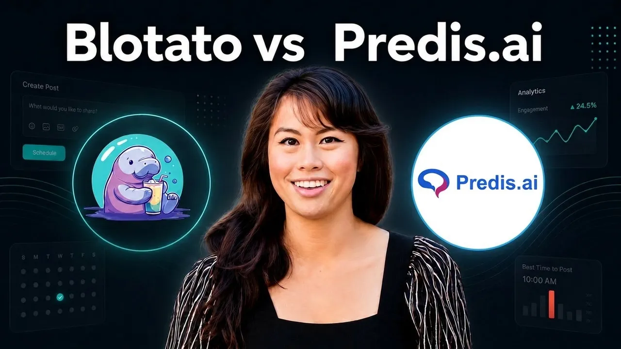 Blotato vs Predis AI comparison showing the Blotato mascot and the Predis.ai logo with Sabrina Ramonov