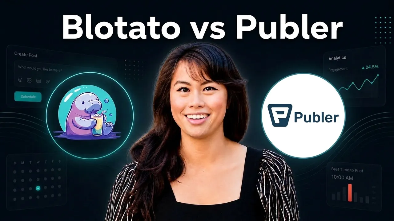Blotato vs Publer comparison showing the Blotato mascot and the Publer logo with Sabrina Ramonov