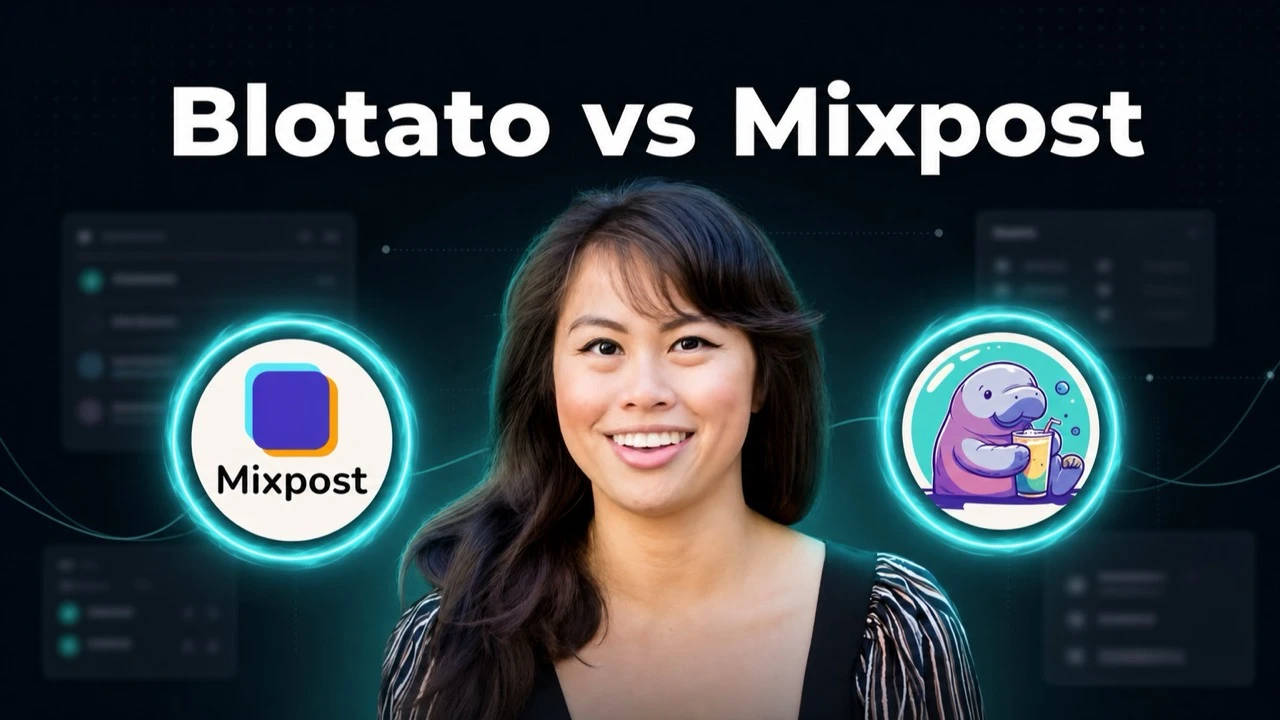 Blotato vs Mixpost compared on hosted versus self-hosted MCP for social media agents, with the Mixpost and Blotato logos either side of Sabrina Ramonov.