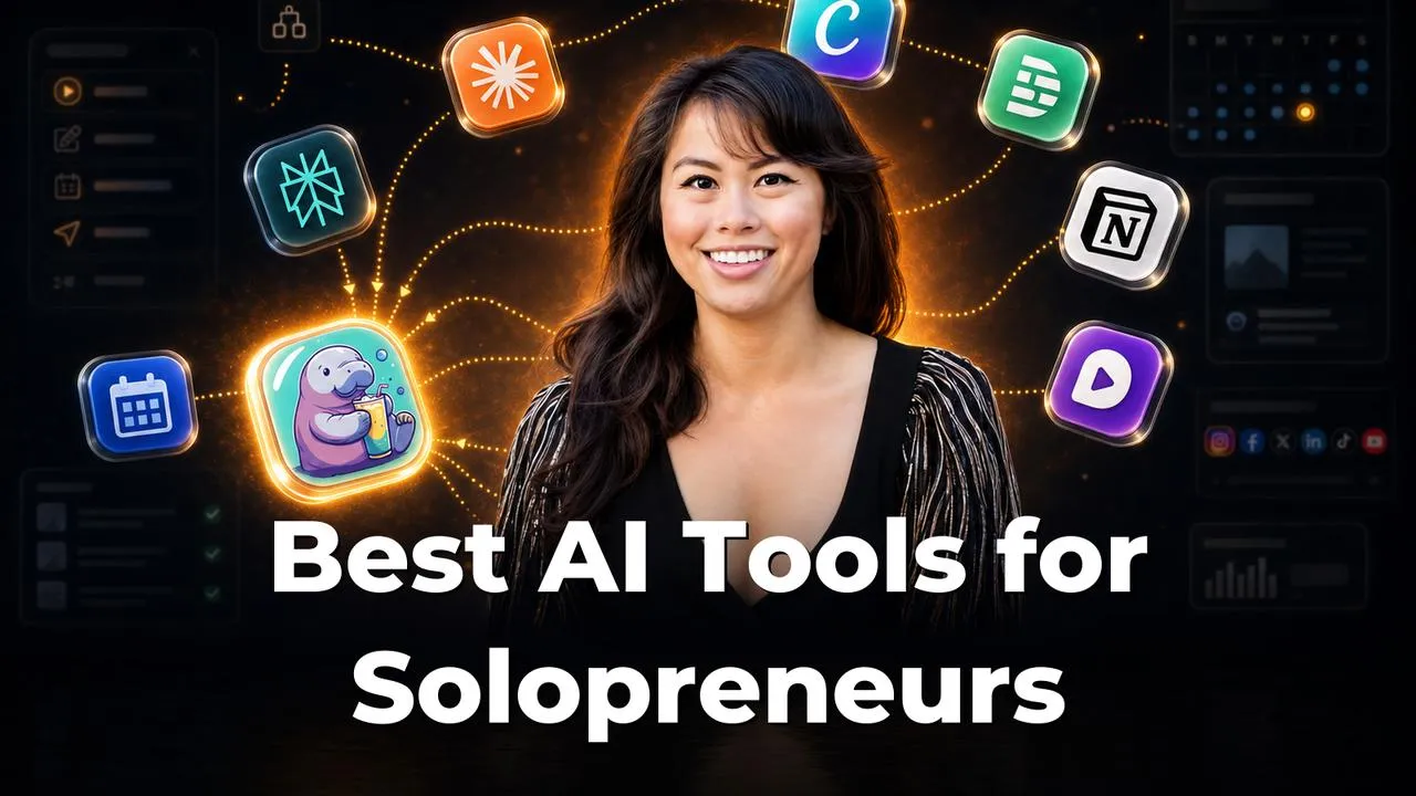 Best AI tools for solopreneurs showing Sabrina with tool logos in a dark tech workspace