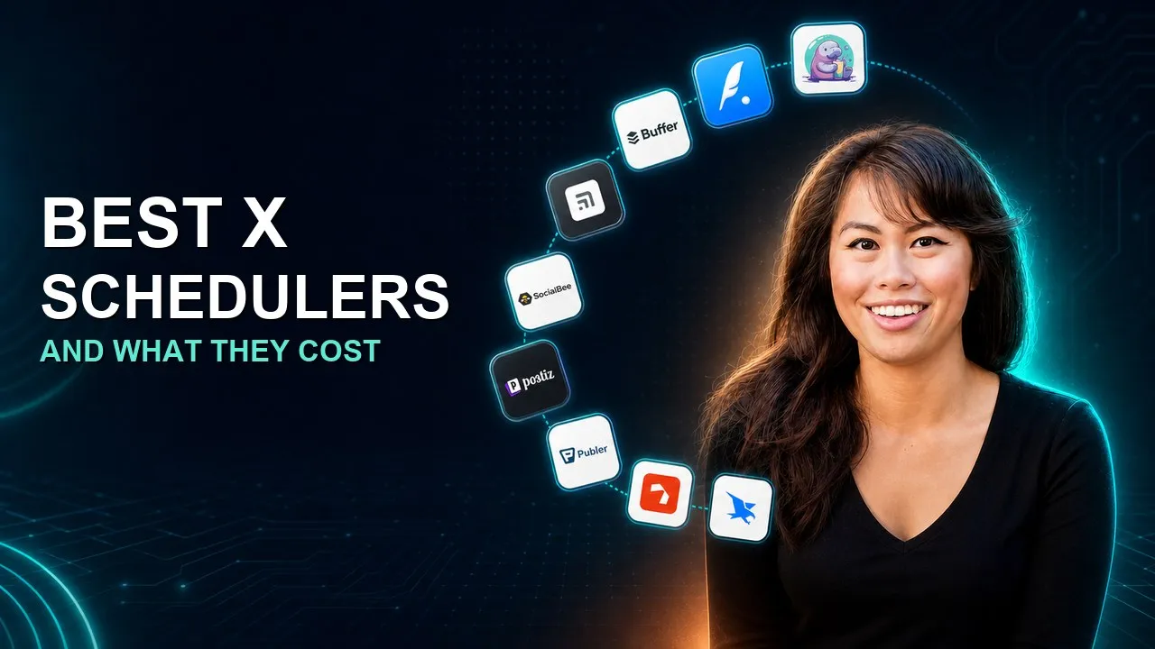 Best X (Twitter) schedulers compared on verified X support status and social media API pricing by Sabrina Ramonov.