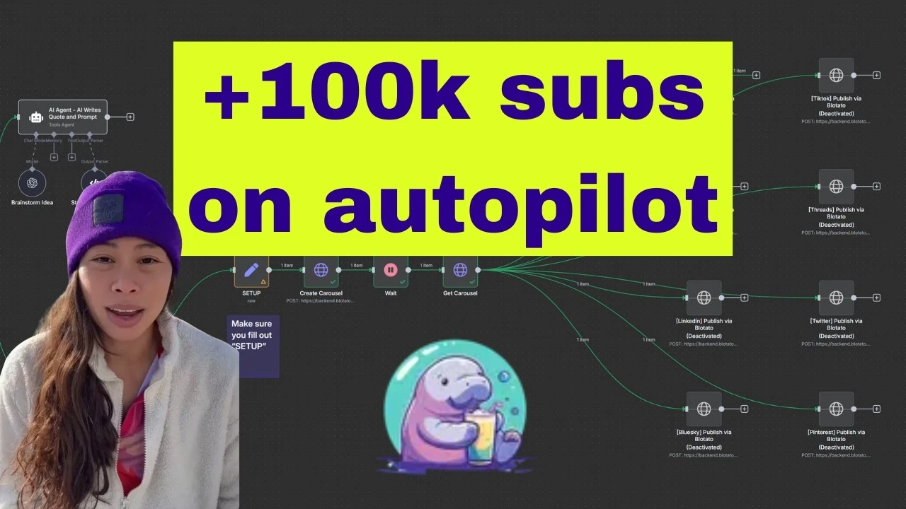 Sabrina Ramonov showing n8n workflow for automating Instagram Reels with AI avatars and Blotato publishing
