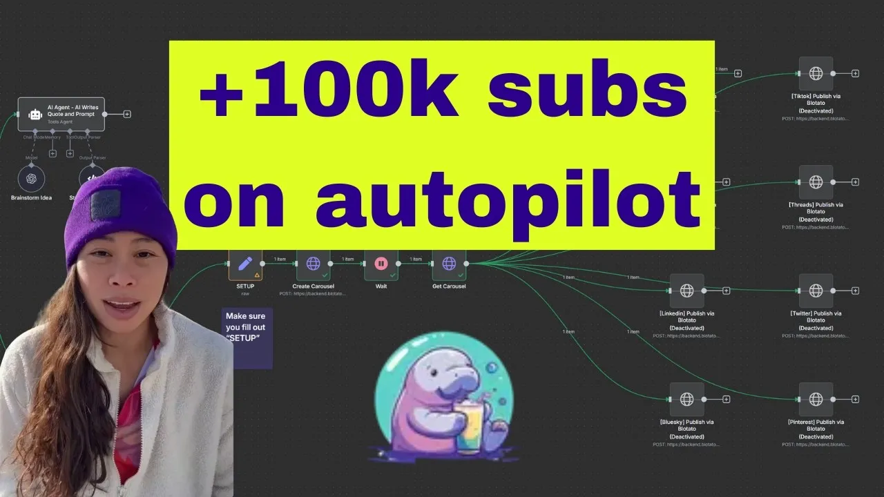 Sabrina Ramonov showing n8n workflow for automating Instagram Reels with AI avatars and Blotato publishing