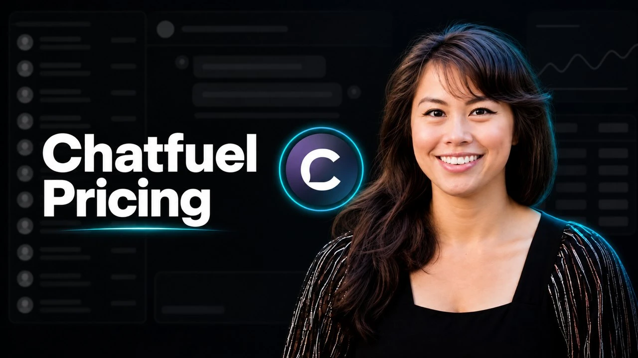 Chatfuel Pricing featured image with the Chatfuel logo in a glowing teal ring beside Sabrina Ramonov, over dim inbox and chat panels.
