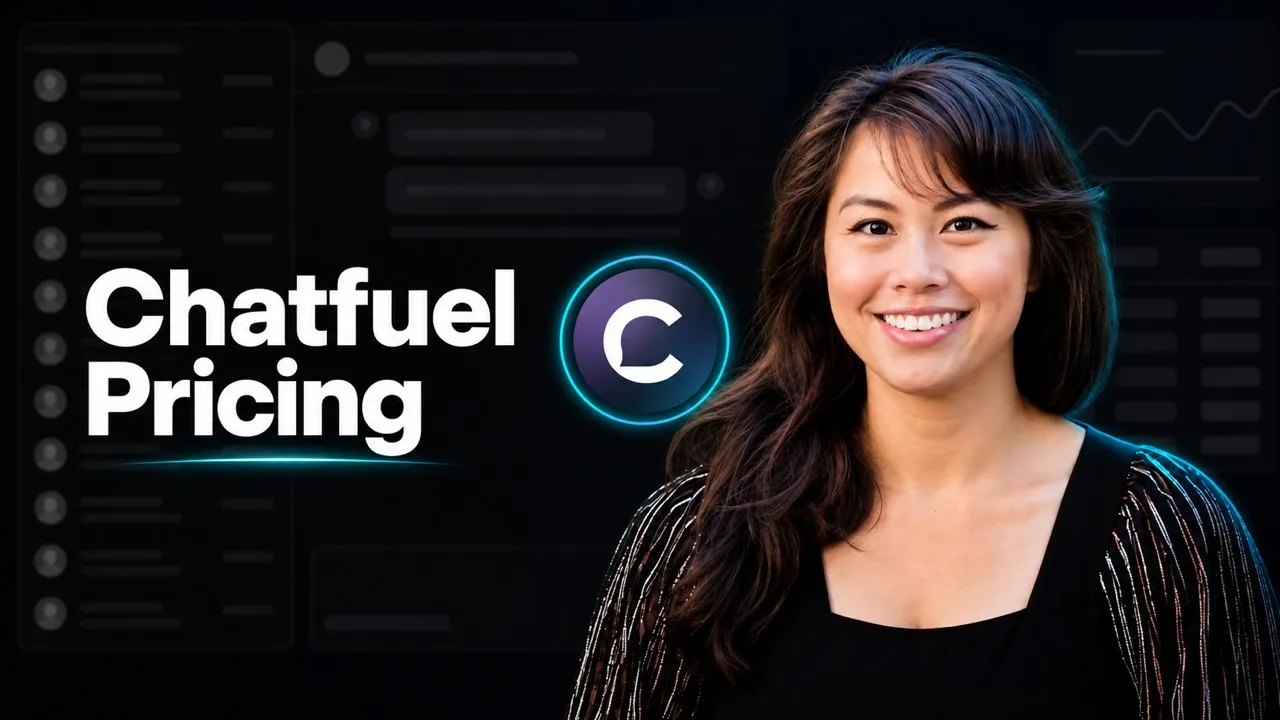 Chatfuel Pricing featured image with the Chatfuel logo in a glowing teal ring beside Sabrina Ramonov, over dim inbox and chat panels.