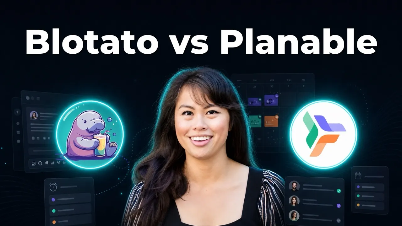 Blotato vs Planable featured image with the Blotato mascot and the Planable logo in glowing circles, Sabrina Ramonov in the center.