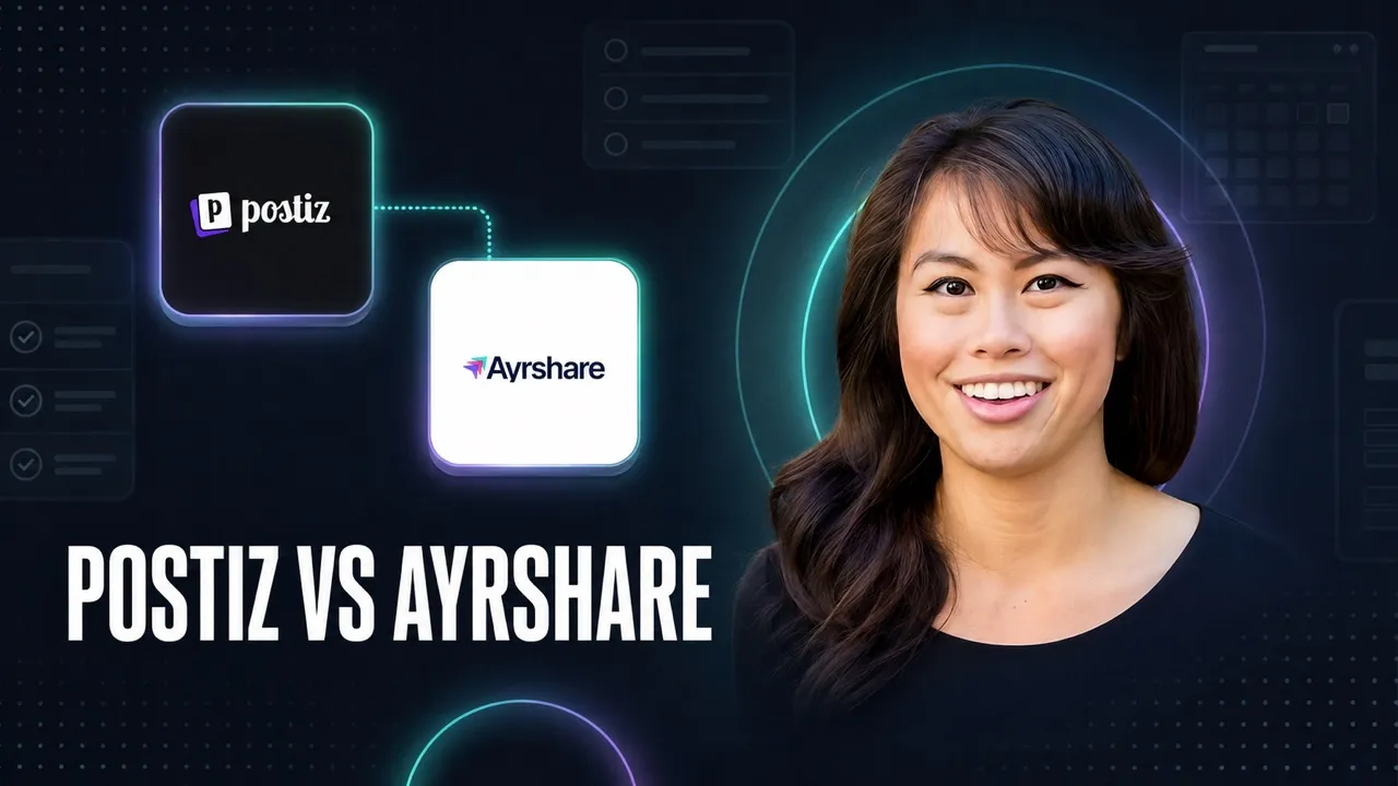 Postiz vs Ayrshare comparison, with the Postiz and Ayrshare logos either side of Sabrina Ramonov, over dark social media dashboard elements.