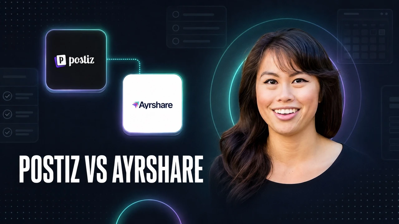 Postiz vs Ayrshare comparison, with the Postiz and Ayrshare logos either side of Sabrina Ramonov, over dark social media dashboard elements.