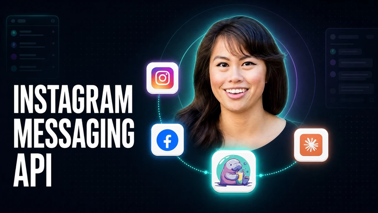 Instagram messaging API guide showing conversation and message endpoints connecting an AI agent to Instagram and Facebook direct messages