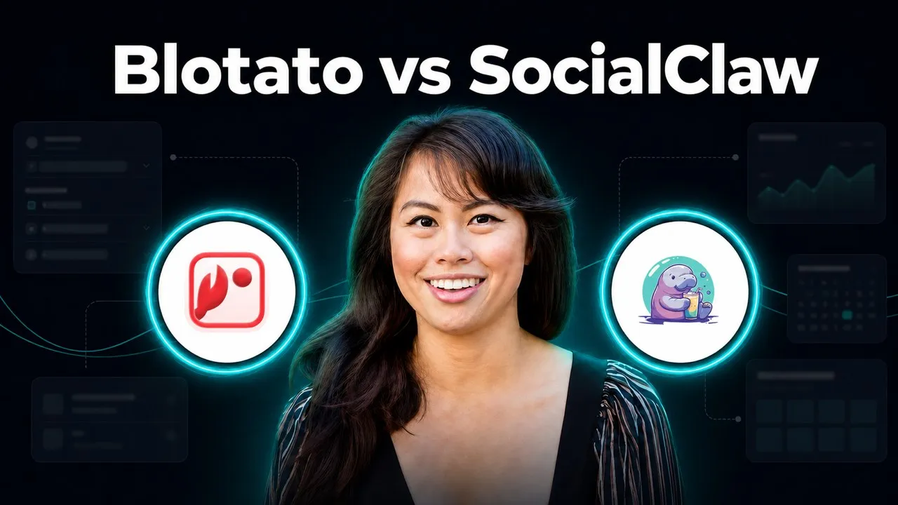 Blotato vs SocialClaw compared as social media APIs for AI agents, with both logos either side of Sabrina Ramonov.