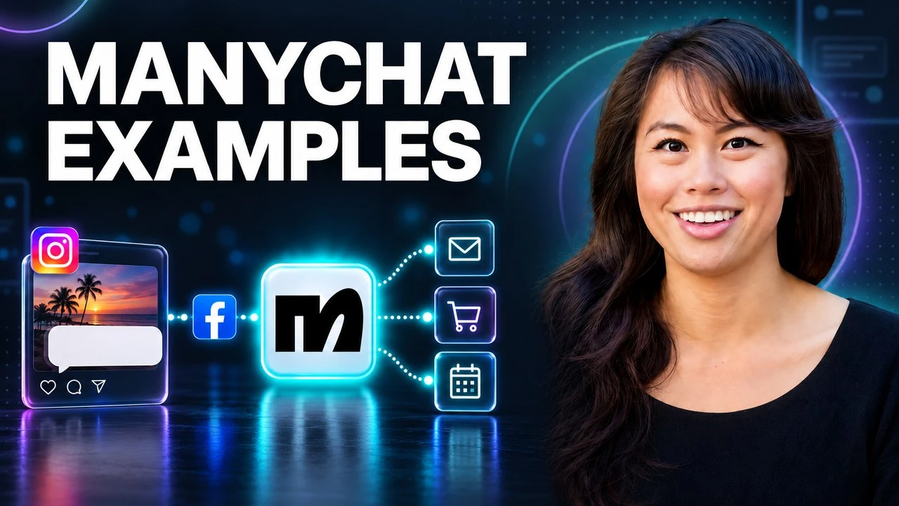 Sabrina Ramonov beside a comment-to-DM funnel, where an Instagram post with a comment flows through Facebook and Manychat tiles to an email list, a checkout and a booking calendar