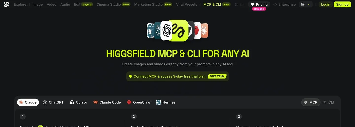 Higgsfield alternatives: the Higgsfield MCP and CLI setup page listing supported AI clients