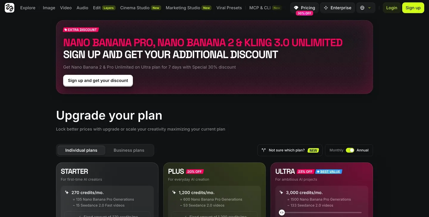 Higgsfield pricing page showing Starter, Plus and Ultra plans with monthly credit allowances