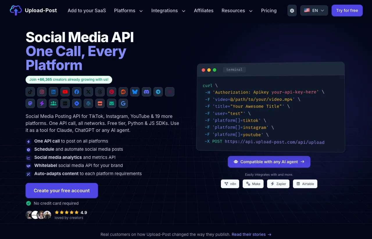 Upload-Post homepage with its one-call social media API headline, platform icons and a free account button
