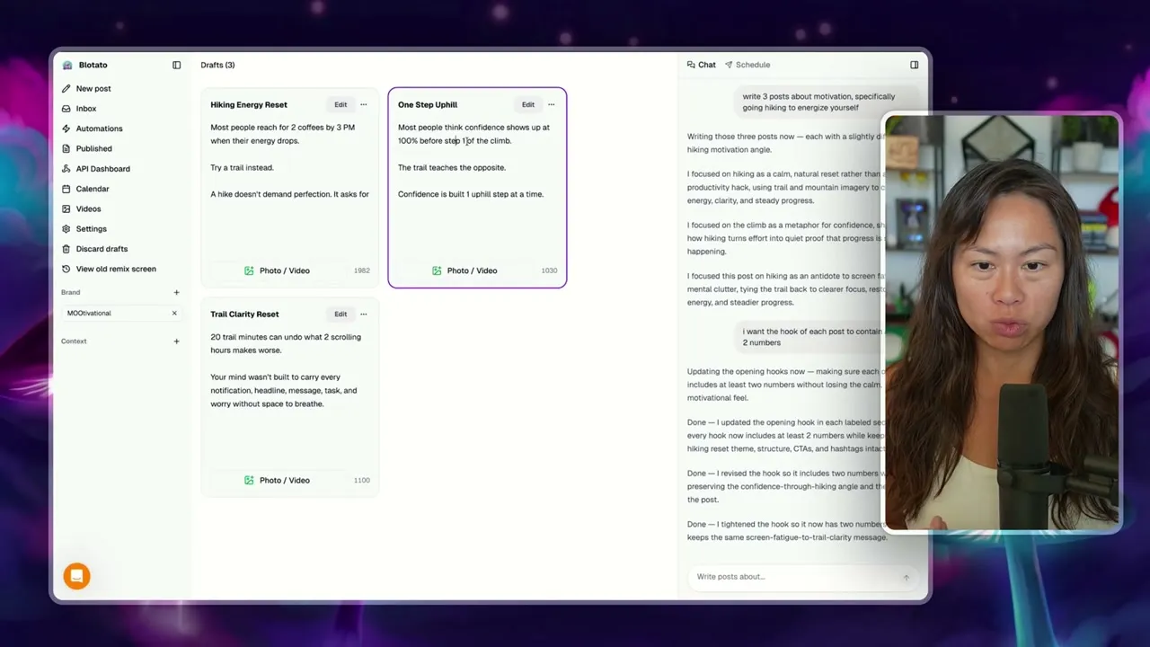 The Blotato AI agent chat panel open beside a draft post, used to give follow-up editing instructions like rewriting every hook.