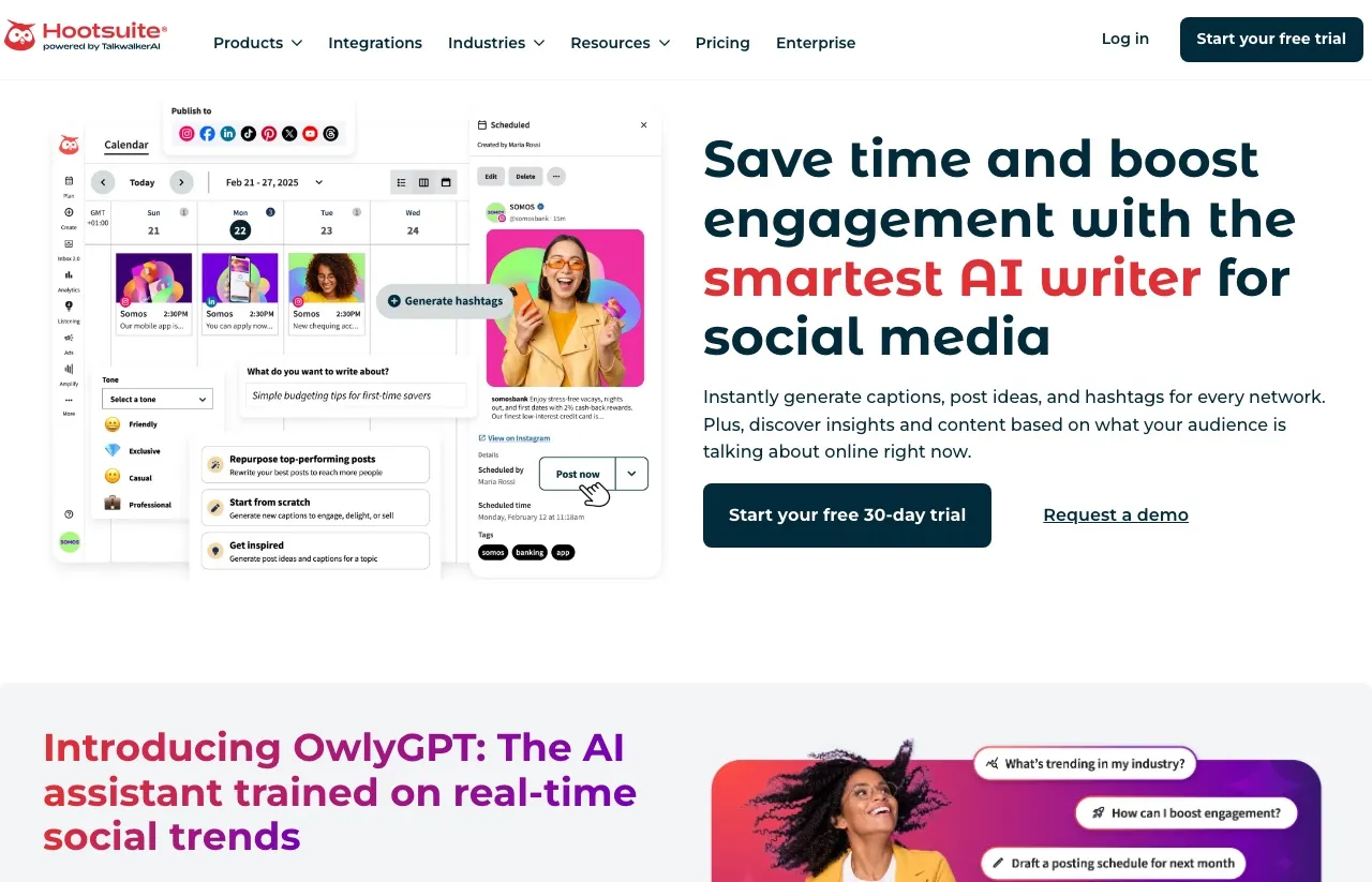 Hootsuite's OwlyWriter AI page showing the caption, hashtag, and content idea generator alongside OwlyGPT, Hootsuite's AI assistant trained on real-time social trends.