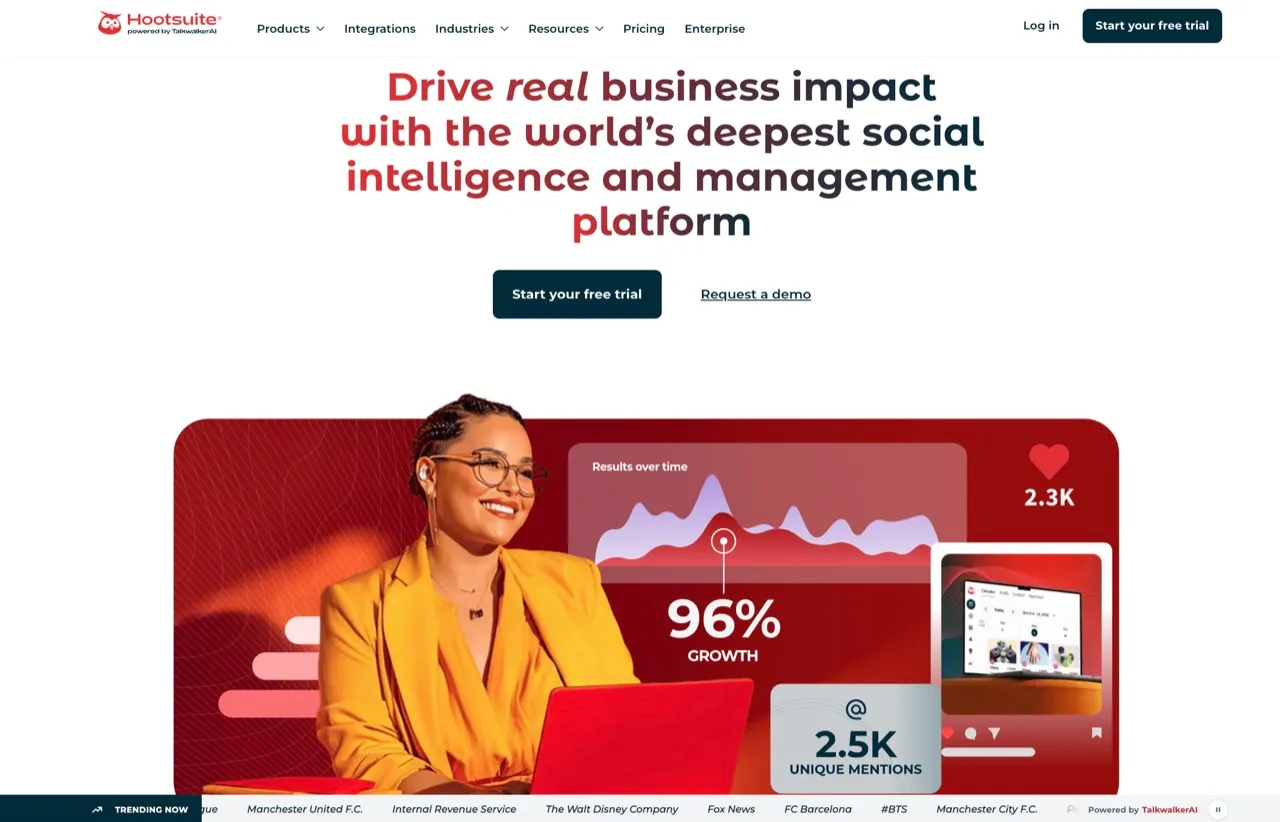 Hootsuite's homepage, an all-in-one social media management suite built for marketing teams and larger businesses.