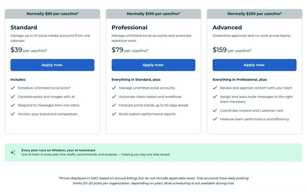 Hootsuite nonprofit pricing showing $39, $79 and $159 per user against the normal $99, $199 and $399 rates