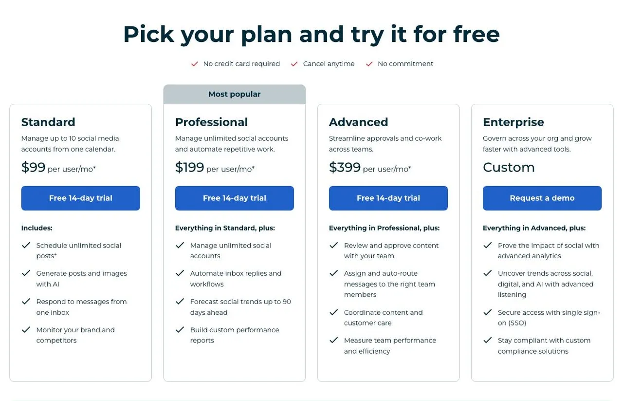 Hootsuite plans page showing Standard at $99, Professional at $199 and Advanced at $399 per user per month, with the annual-billing footnote below the cards