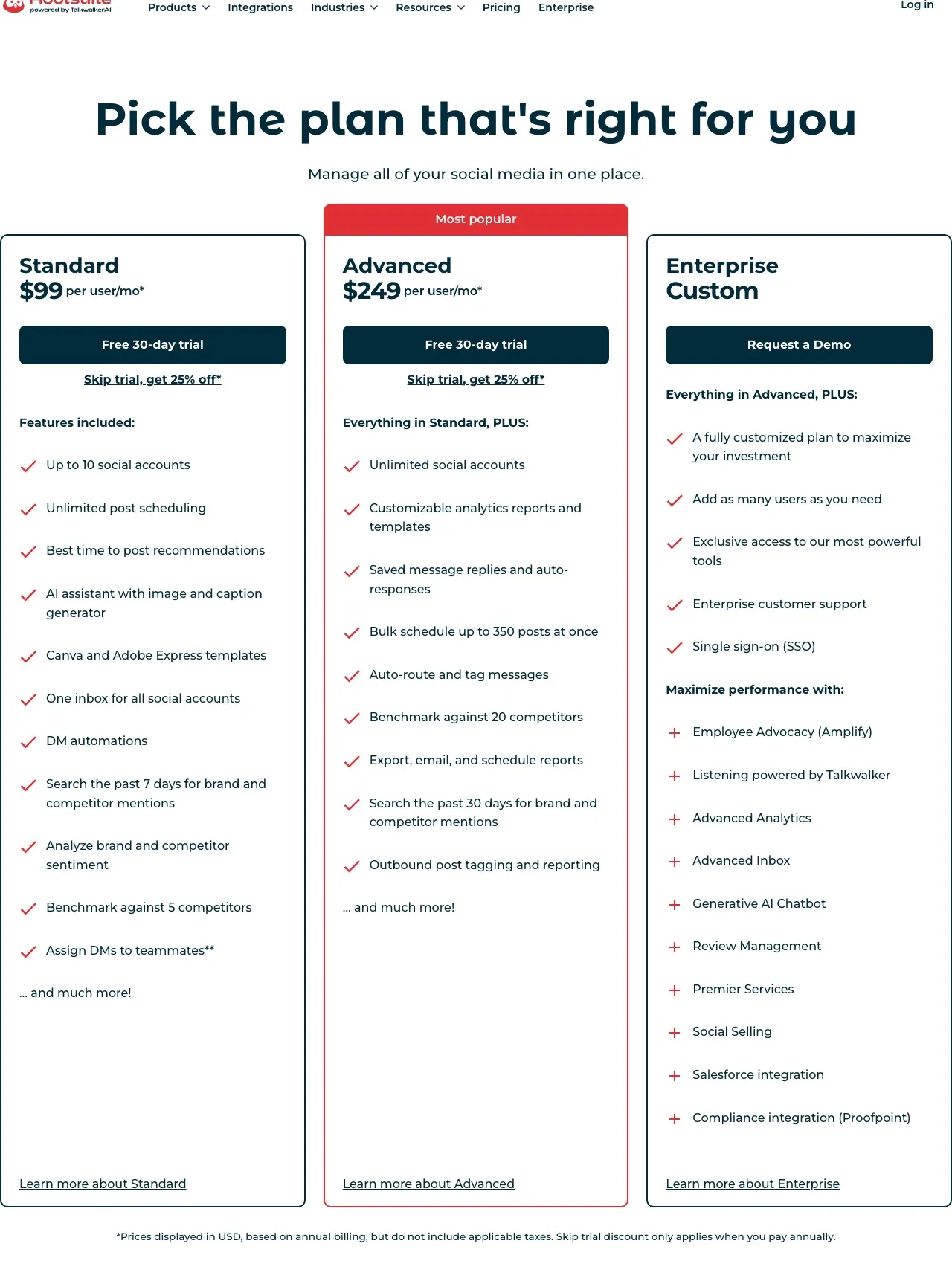 Hootsuite's Standard at $99/user/mo, Advanced at $249/user/mo, and Enterprise at custom pricing, all per user per month on annual billing.