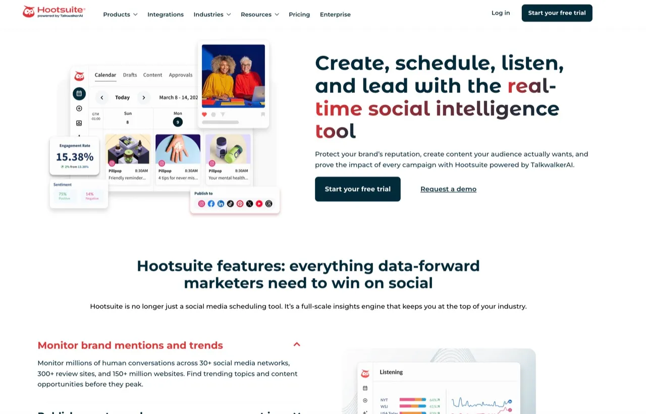 Hootsuite's platform combining scheduling, a team inbox, analytics, and social listening in one dashboard.