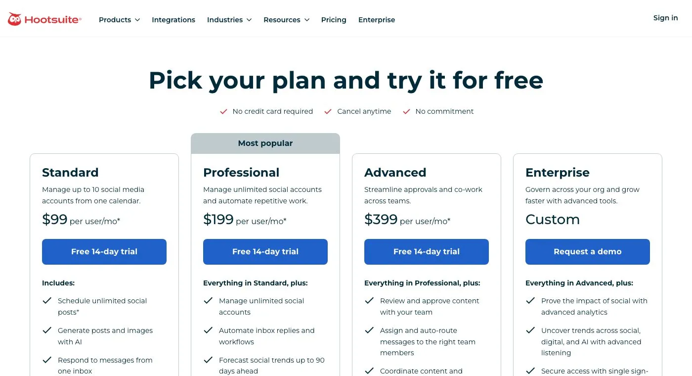 Publer alternative Hootsuite plans priced per user for enterprise teams