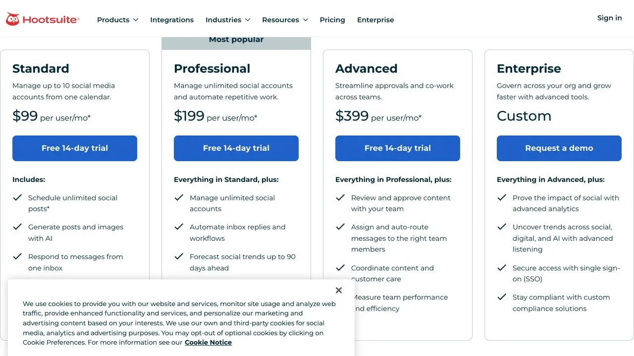 Hootsuite per-user pricing plans, an enterprise option among social media tools for agencies