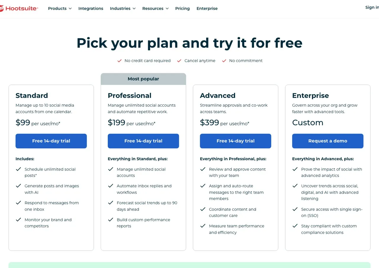 Best Sendible alternatives: Hootsuite plans page showing Standard, Professional, Advanced, and Enterprise