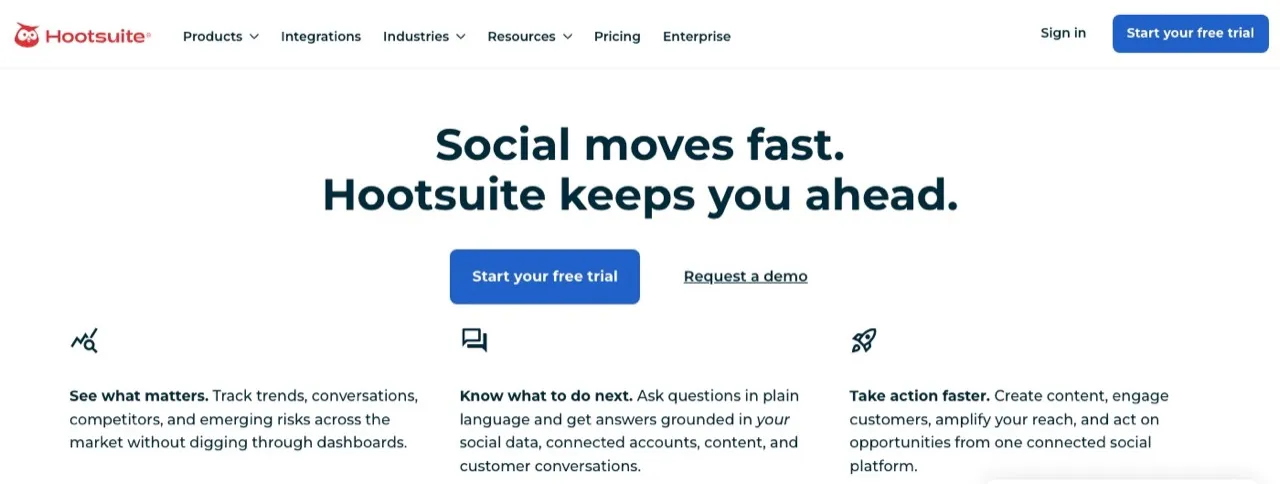 Postoria alternative Hootsuite homepage showing enterprise social media management and listening