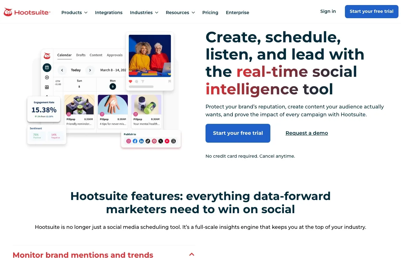 Postiz alternative Hootsuite: enterprise social media management with scheduling, approvals, and sentiment reporting
