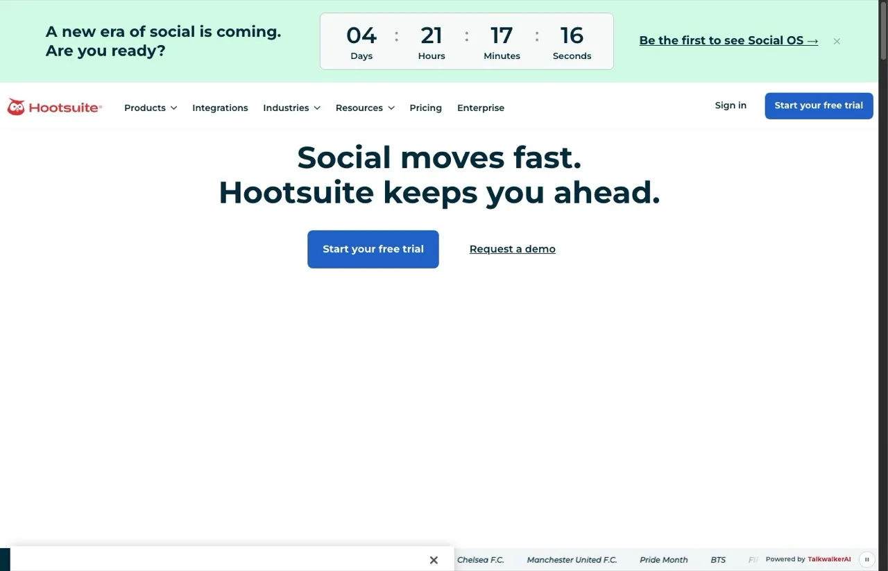 Ayrshare alternative Hootsuite homepage showing enterprise social media management platform with API