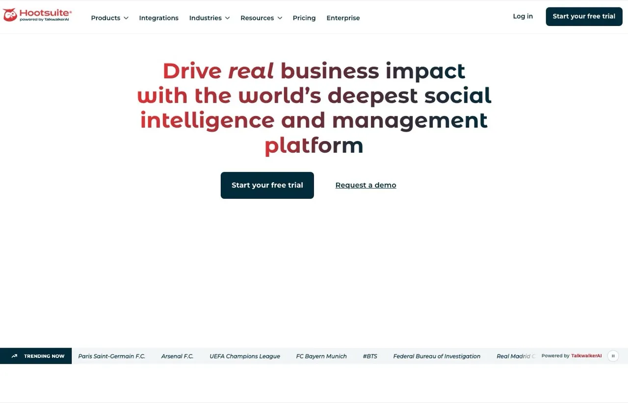 Buffer alternative Hootsuite homepage showing enterprise social media management platform