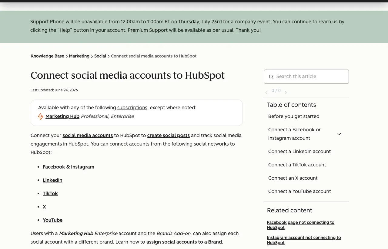 HubSpot's knowledge base article on connecting social accounts, showing the subscription requirement box reading "Marketing Hub Professional, Enterprise" above the list of connectable networks.