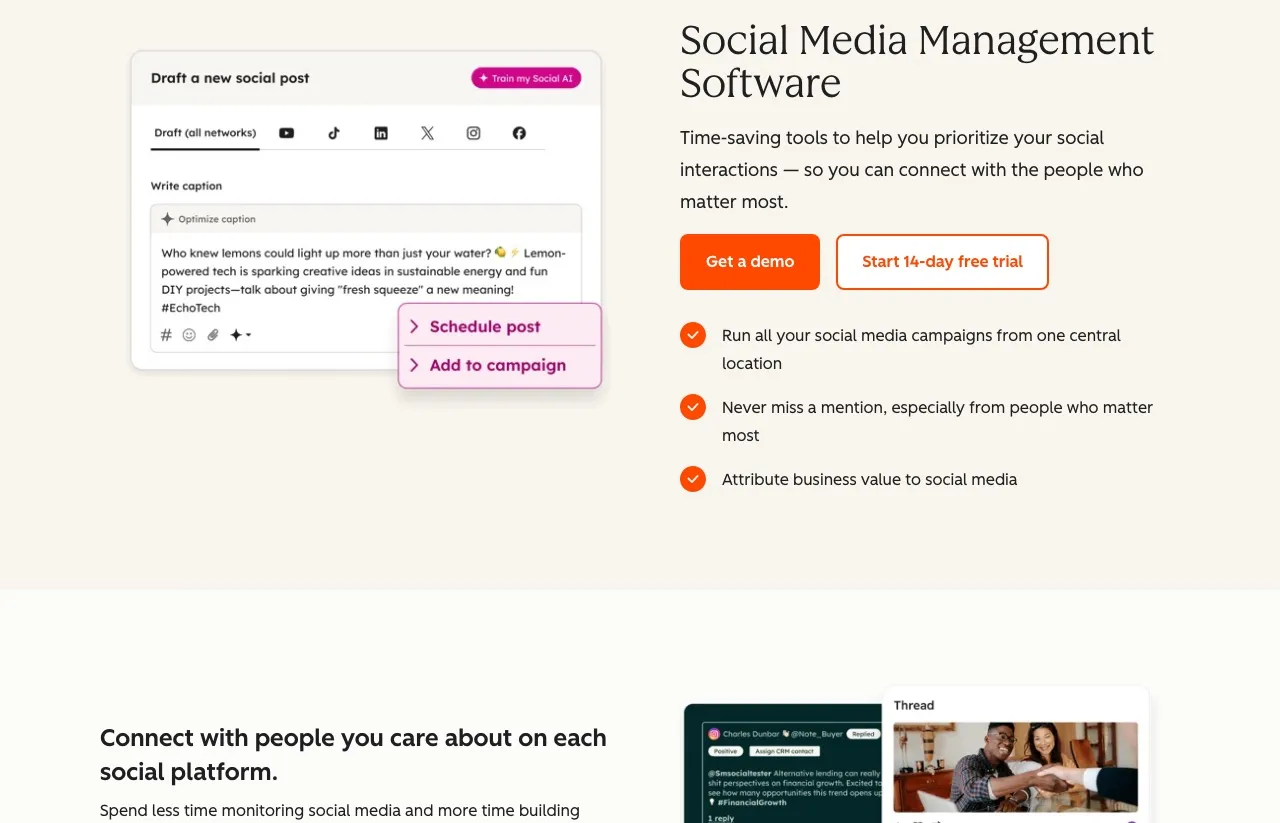 HubSpot's Social Media Management Software page, showing the composer with YouTube, TikTok, LinkedIn, X, Instagram, and Facebook tabs alongside its three headline benefits: run campaigns from one location, never miss a mention, and attribute business value to social media.