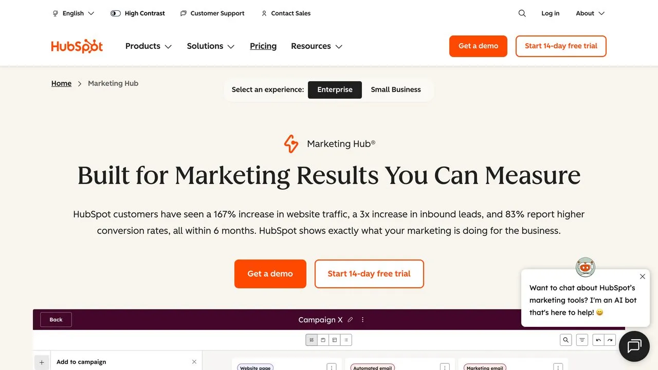 HubSpot homepage showing the CRM and marketing platform with Breeze AI